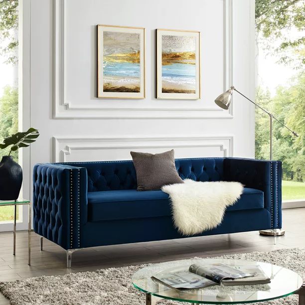 Inspired Home Sania Velvet Sofa- 3-Seat Nailhead Trim Chrome Legs Inspired Home, Navy - Walmart.c... | Walmart (US)