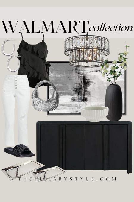 Walmart Collection: Black, white & Neutral home decor and fashion finds from Walmart. White jeans, white denim, black silk top, black tank, black sandals, silver handbag, silver hoop earrings, black console, black sideboard, silver tray set, framed abstract art, black and glass chandelier, black vase, white planter, cherry blossom stem. Spring outfit, summer outfit, silver outfit, black and white home decor, modern home decor.

#LTKSeasonal #LTKhome #LTKstyletip