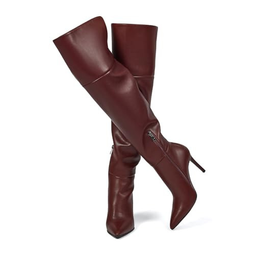 wetkiss Burgundy Over the Knee Boots for Women 4 in Stiletto Heel Thigh High Ponited Toe Boots with Zipper Wide Calf Womens Burgundy Boot High Heeled Fashion Dress Long Boot for Date Party, Size 9.5 | Amazon (US)