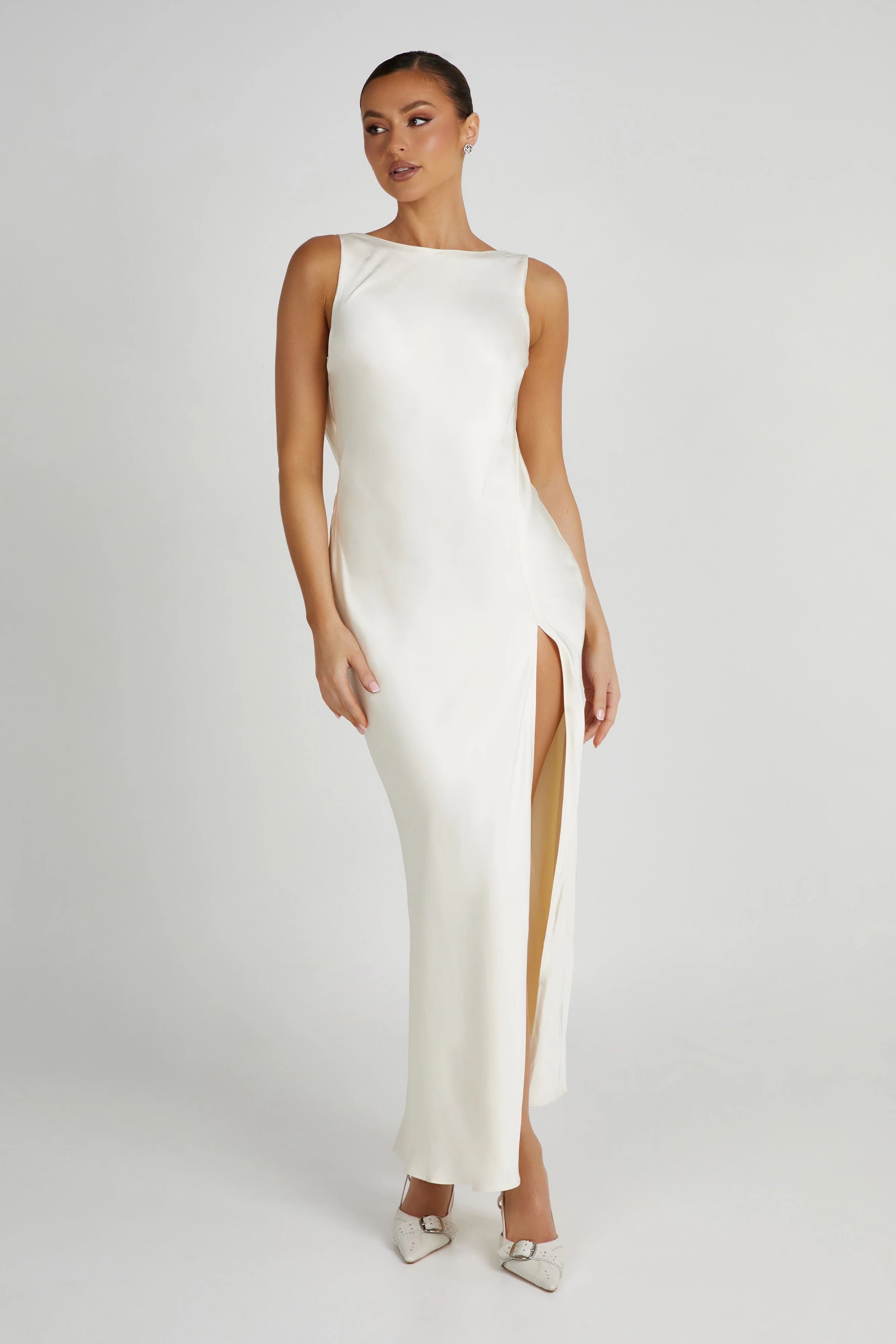 Gemima Satin Maxi Dress With Split - Ivory | MESHKI US