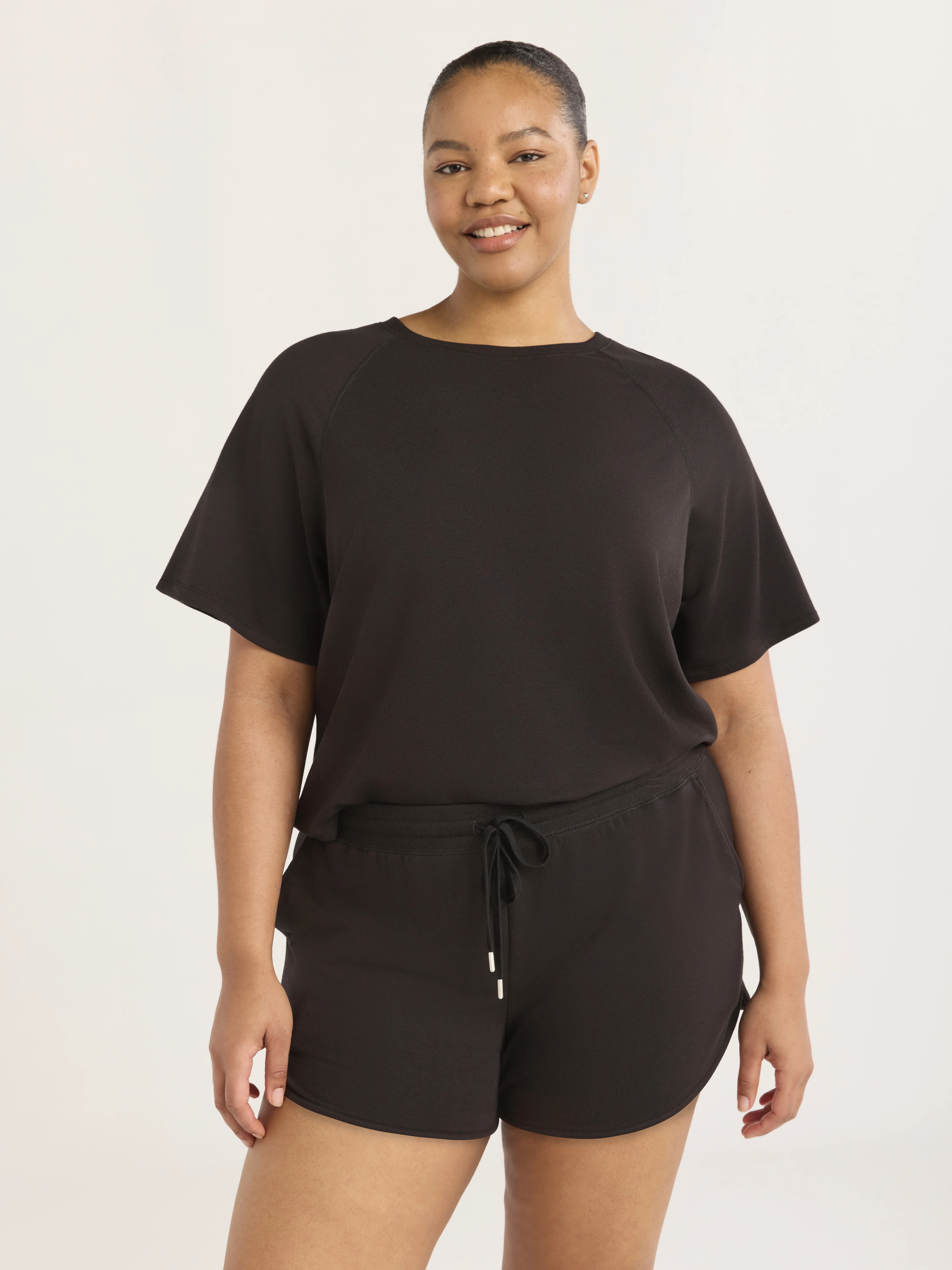 Joyspun Women's French Terry Short Sleeve Top and Shorts Set, 2-Piece, Sizes XS-3X | Walmart (US)