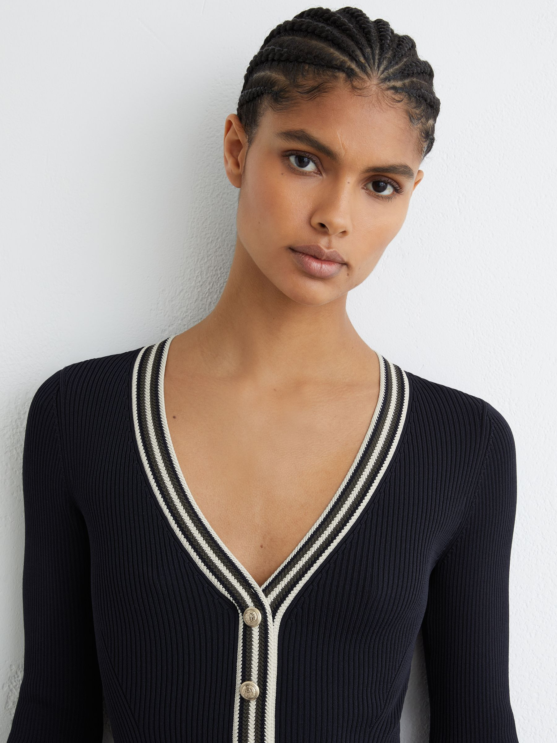 Reiss Rib-Knit Stripe-Trim Pleated Midi Dress in Navy - REISS | Reiss UK