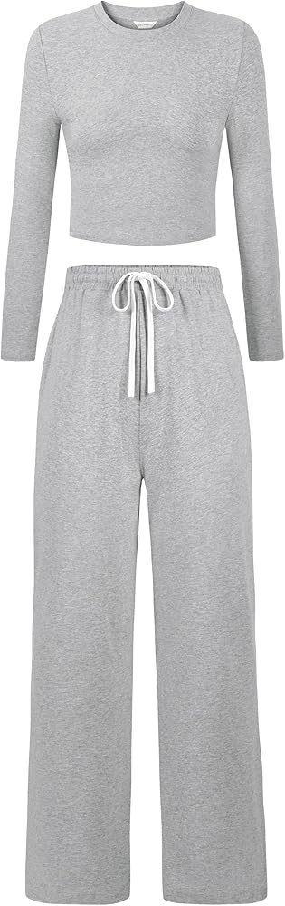 Women's 2 Piece Lounge Sets Cotton Long Sleeve Crop T Shirt Straight Leg Pants Set Casual Outfits... | Amazon (US)