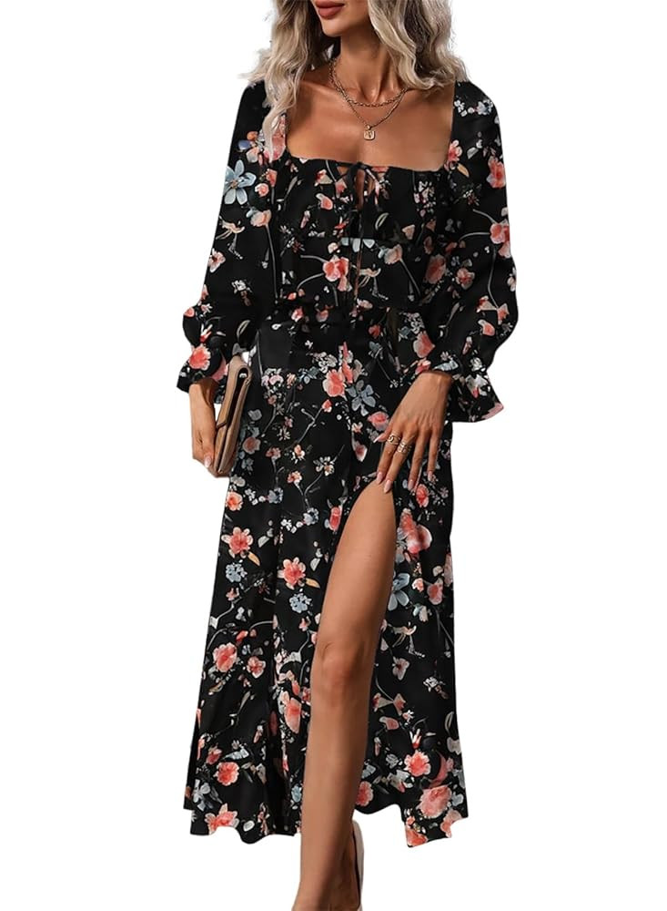 BLENCOT Womens Casual Square Neck Long Sleeve Boho Floral Midi Dress Print Side Split Dresses | Amazon (US)