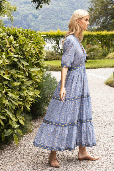 V-Neck Cuffed Maxi- Budapest Blue | Oliphant Design