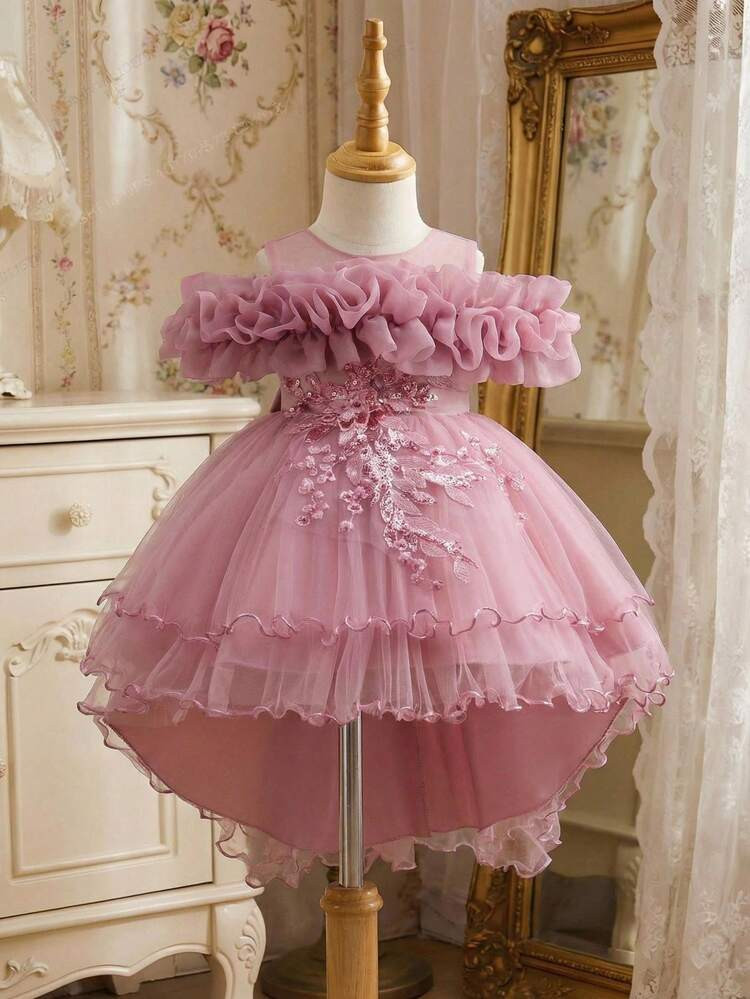 Glamorique Kids Girls' Pink, One-Shoulder Dress With Frilled Edges And Sparkling Details, High-End Children's Princess-Style, Full-Skirted Dress With Front-Short And Back-Long Design, Suitable For Flower Girl Roles At Piano Performances, Birthday Parties, And Fashion Shows. | SHEIN