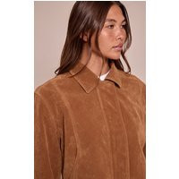 Tan Faux Suede Concealed Placket Bomber Jacket | PrettyLittleThing US