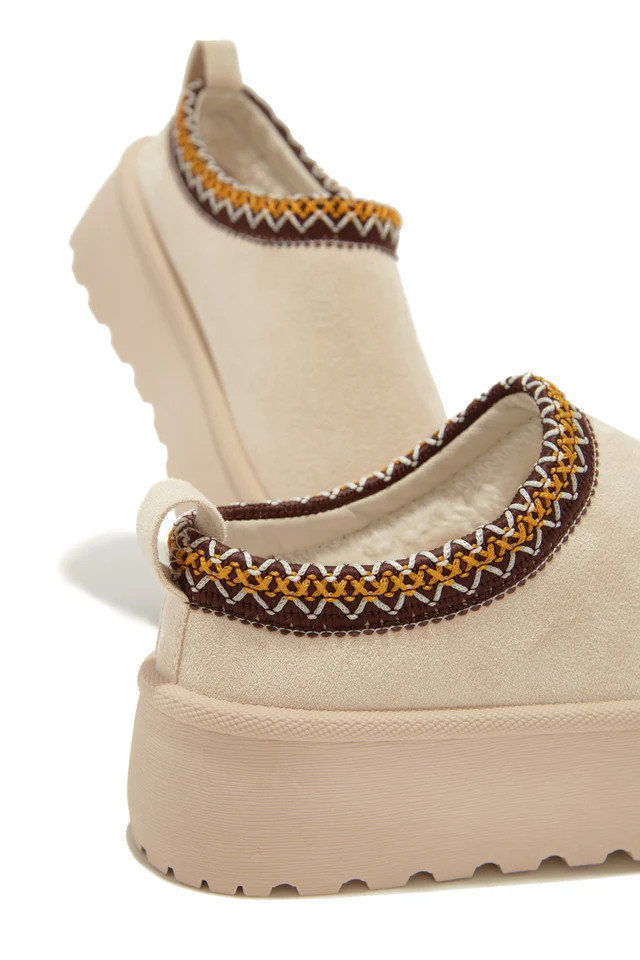 Miss Lola | Coffee Run Natural Faux-Sherpa Slip-On Platforms | MISS LOLA