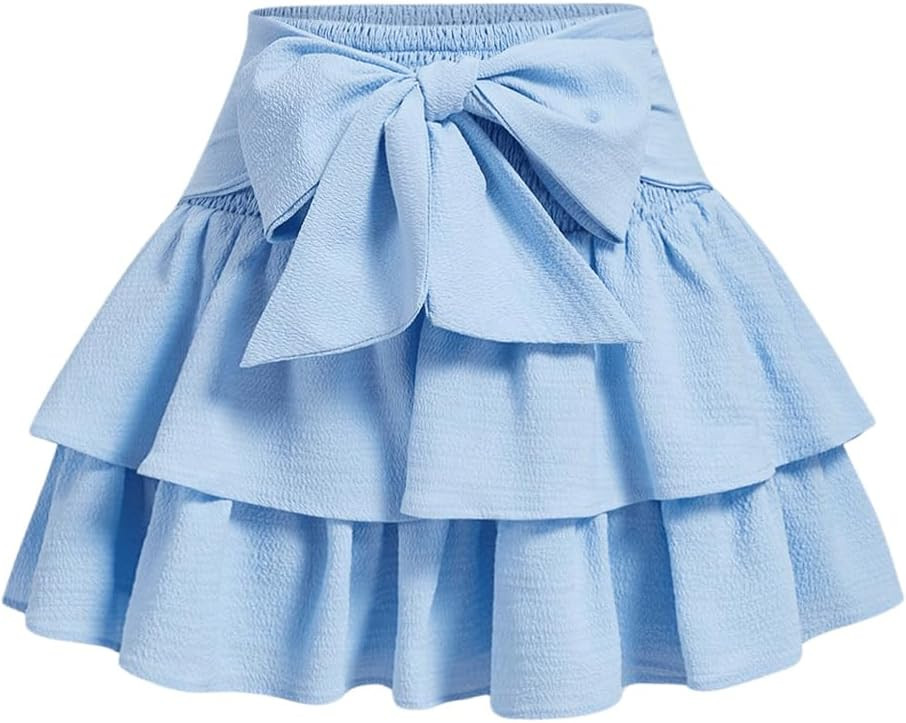 Women's Bow Front Mini Skirt High Shirred Waist Layered Ruffle Hem Short Cake Skirts | Amazon (US)