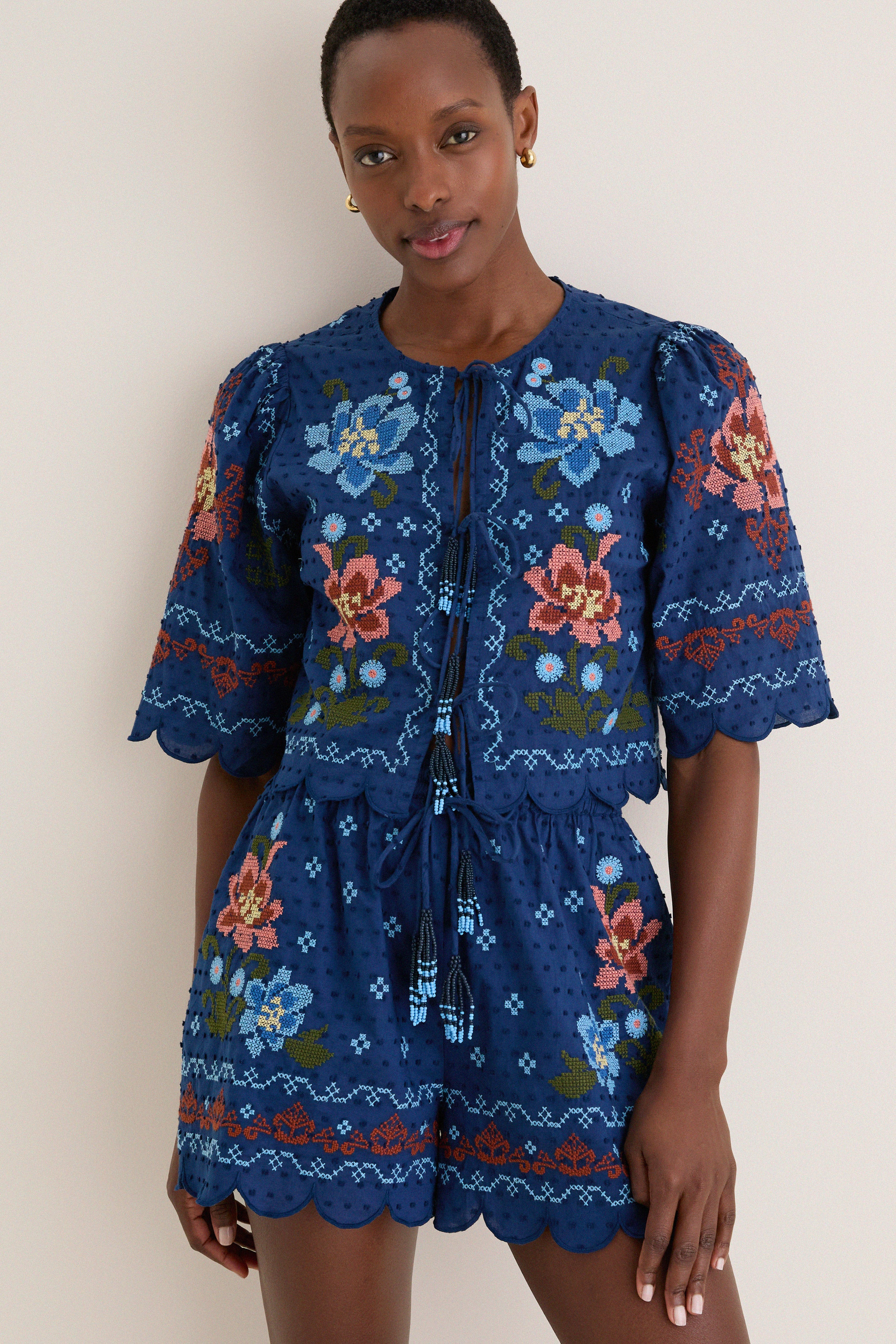 Stitched Garden Dark Blue Tie Front Blouse | Tuckernuck (US)