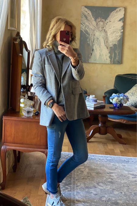 Timeless classics all the way
.
Blazer @baukjen part of paid partnership 
Jumper @vanessabruno
Jeans @jcrew
Trainers @veja gifted
.
#baukjenstyle #mymidlifefashion #fashion #style #timelessfashion #classicstyle #thisis50 #styleover50 #midlife 

#LTKstyletip #LTKeurope #LTKover40