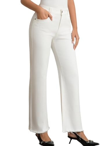 JK SUE JONES White Wide Leg Jeans for Women Mid High Waist Straight Leg Boyfriend Mom Denim Pants Frayed Raw Hem | Amazon (US)