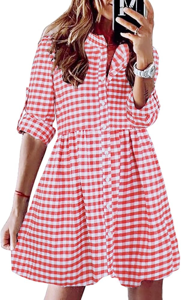 FANCYINN Women's Gingham Stand Collar Shirt Dress Button Down Casual Long Sleeve Tie Sleeves Mini... | Amazon (US)