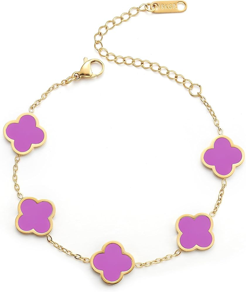 Amazon.com: AIPPK 18K Gold Plated Clover Lucky Bracelet for Women White/Black/Red/Green Flower Fo... | Amazon (US)