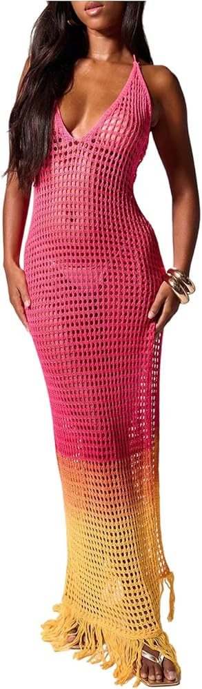 Milumia Women's Tie Dye Crochet Knit Halter Maxi Dress Sexy Deep V Neck High Slit Summer Vacation... | Amazon (US)