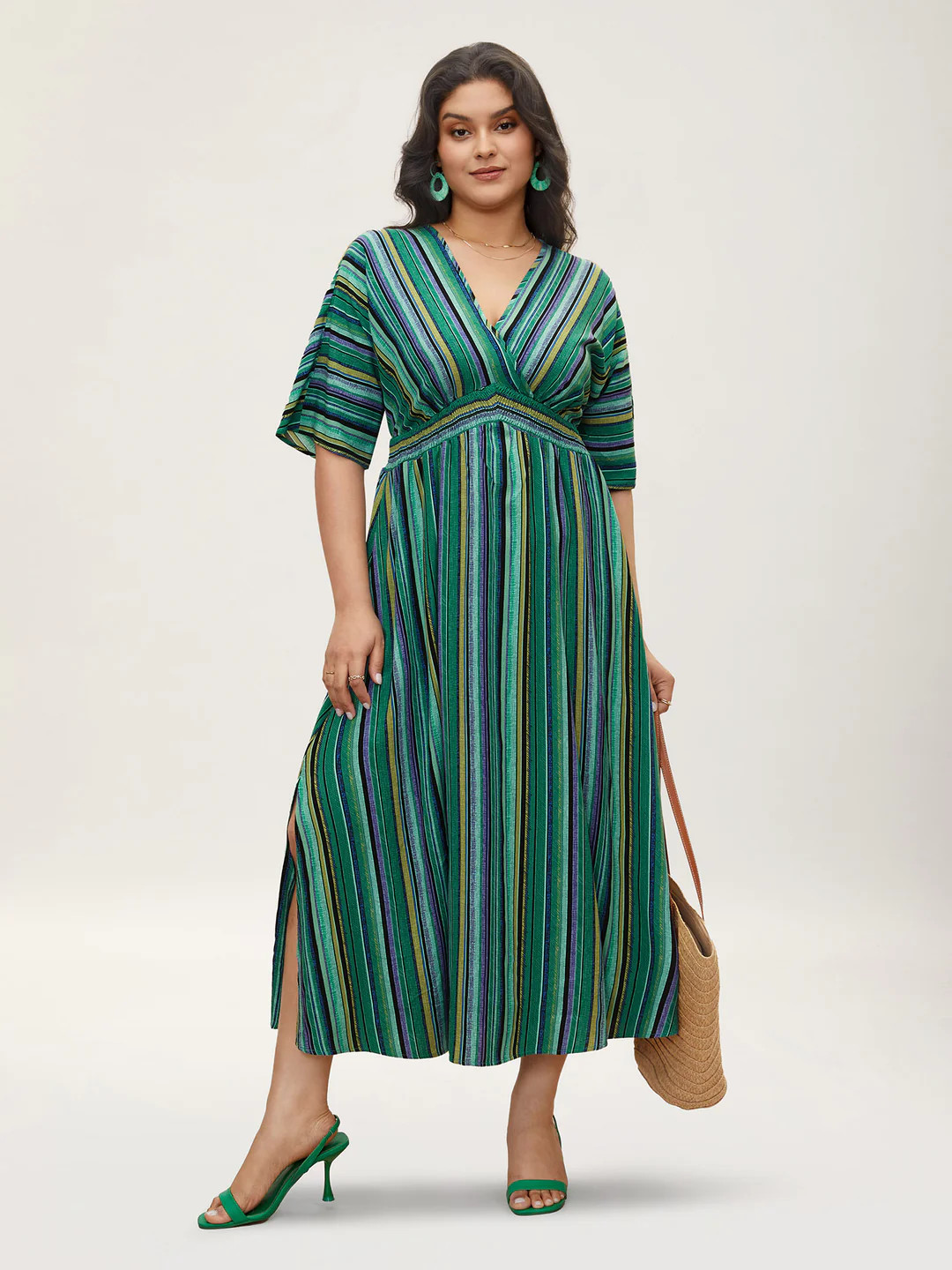 Striped Contrast Dolman Sleeve Shirred Pocket Split Flutter Dress | Bloomchic