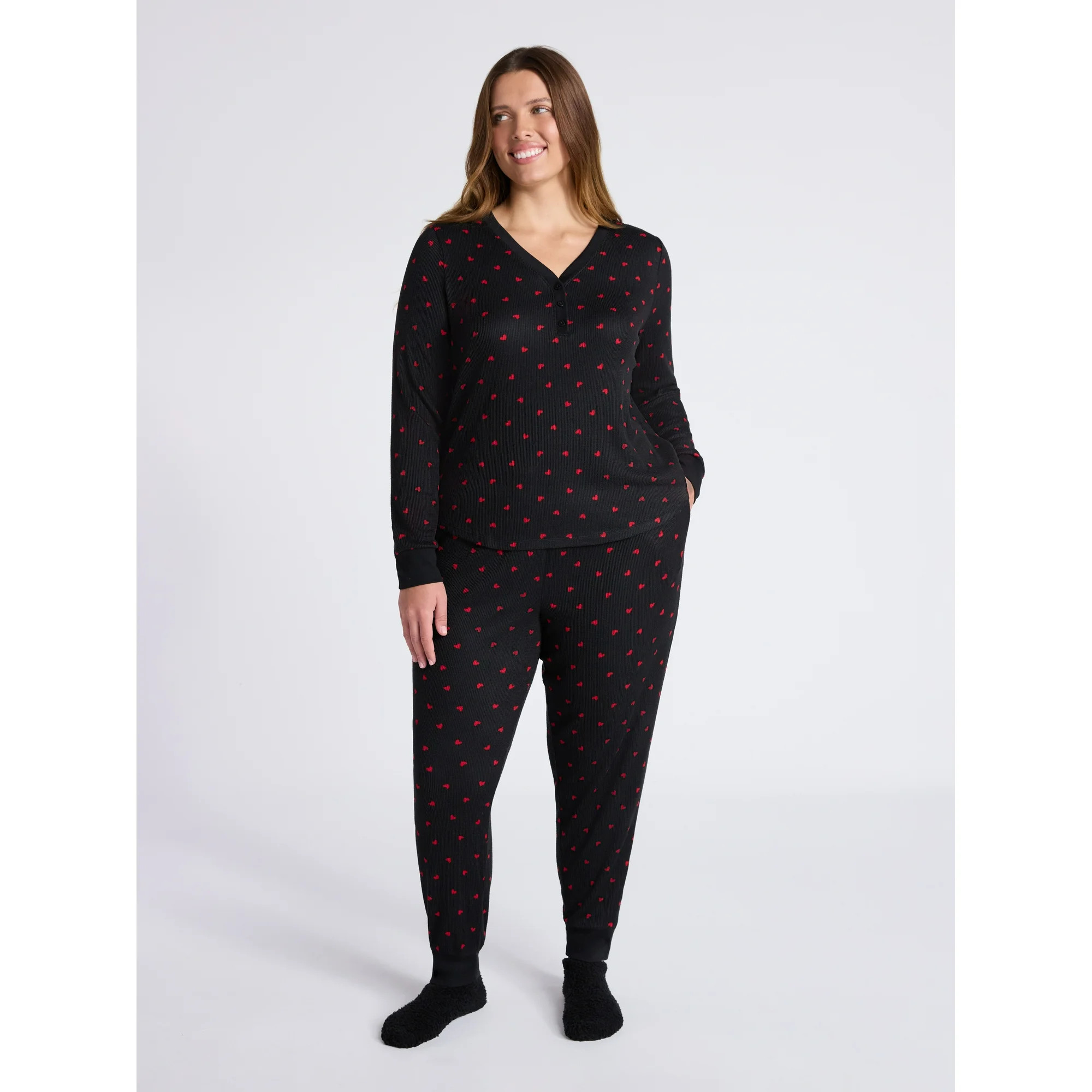 Joyspun Women's Waffle Knit Henley Sleep Top, Joggers and Socks Pajama Set, 3-Piece, Sizes XS-3X | Walmart (US)