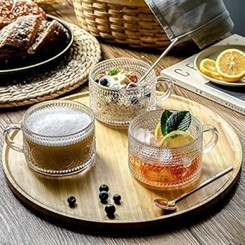 Gezzeny Vintage Coffee Mugs, Glass Coffee Mugs 14 Oz Set of 2 Clear Embossed Glass Cups, Tea Cups... | Amazon (US)
