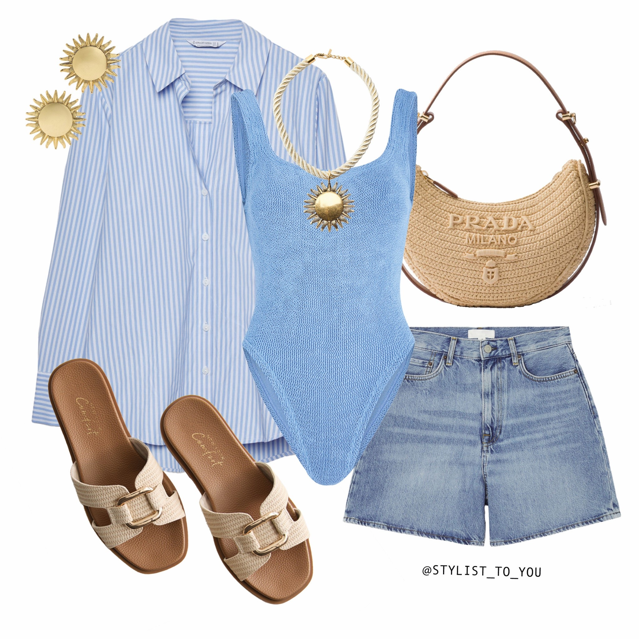 A summer-inspired outfit with blue 🩵🌊

Styling a Hunza G light blue seersucker textured swimsuit paired with high-waisted denim shorts. A blue and white striped oversized button-up shirt adds a breezy, effortless vibe. Accessories include a woven raffia crochet Prada shoulder bag, oversize gold sun-shaped earrings and a matching necklace, and beige slide sandals with a structured gold chain loop design. A coastal, resort-ready look perfect for warm weather. beachstyle summeroutfit vacationmode resortwear casualchic effortlessstyle fashionlover minimalistfashion blueaesthetic trendyoutfit outfitgoals summerlook womenswear aestheticvibes chicstyle fashionblogger ootdinspo lightblue fashiontrends resortchic goldenhour vibes effortlessbeauty swimwear fashiongoals aestheticoutfit coastalstyle stylishlooks outfitlove timelesschic neutraltone sandals beachbag summerfashion classicstyle wardrobeinspo timelessbeauty goldaccessories

#LTKspring #LTKsummer #LTKluxury