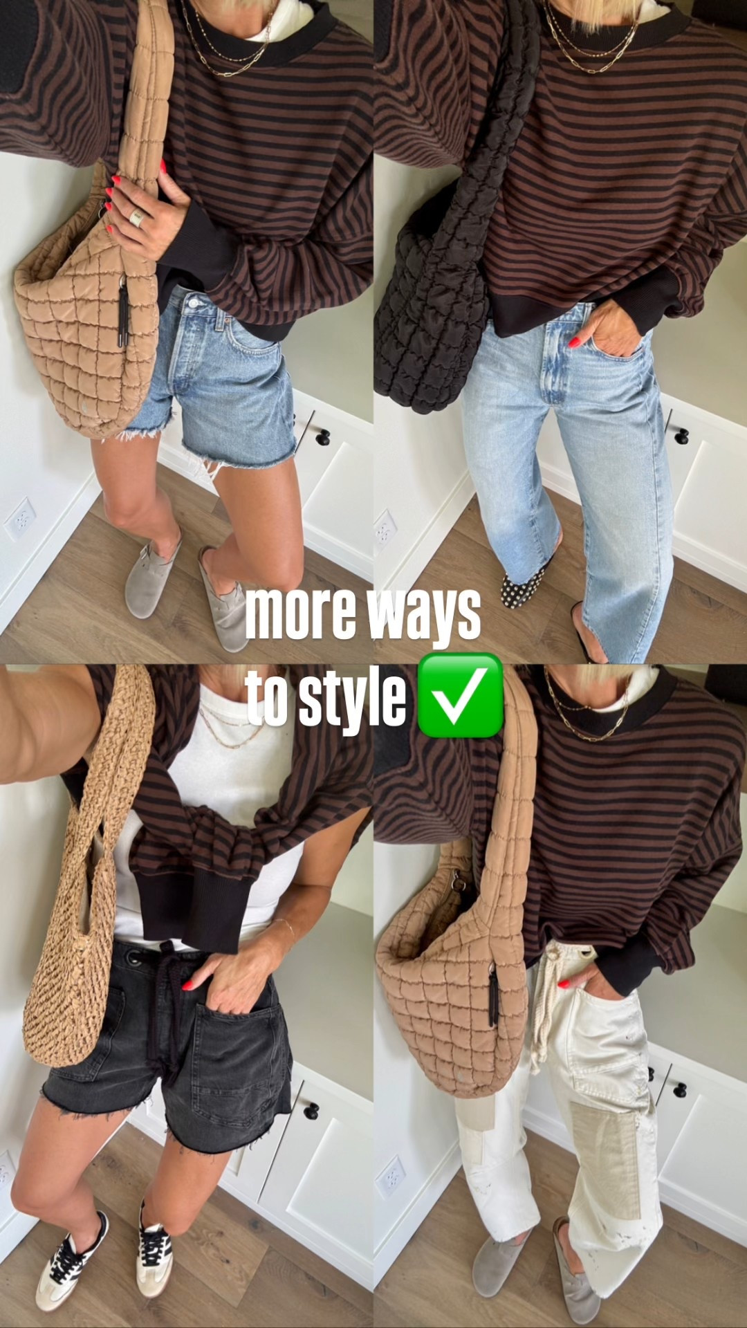 One sweatshirt, four ways — and she’s not done yet 👏
This Aerie striped pullover is the MVP of my fall closet. Styled it with denim, cargos, shorts, and sneakers for an easy transition into cooler days 🍂

🖤 Casual with cutoffs
🤎 Comfy with patchwork cargos
🖤 Effortless with vintage jeans
🤎 Layered over the shoulder for a sporty-chic vibe

Linked everything on my LTK—including the BEST layering tee + my favorite casual bags.
#LTKFallStyle #LTKunder50 #LTKMostLoved #FallLayering #AerieStyle #OutfitRepeaterEnergy #StyleItMultipleWays

#LTKFindsUnder100 #LTKFindsUnder50 #LTKautumn