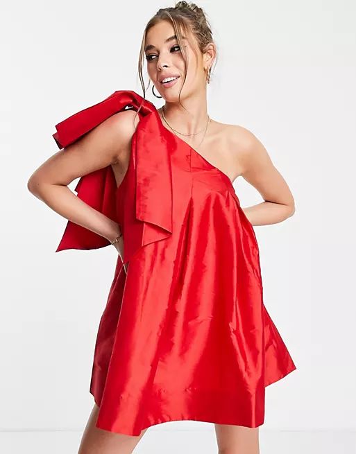 Ever New oversized bow one shoulder mini dress in red | ASOS (Global)