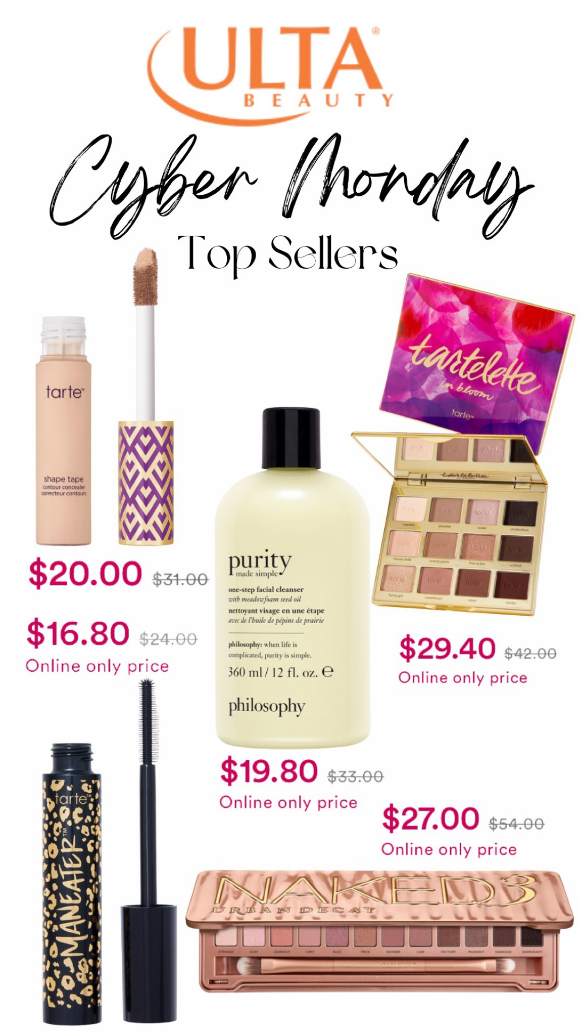 Ulta Beauty Cyber Monday top sellers! These products are some of my must have items! Tarte Cosmetics, Philosophy face wash, Urban Decay Naked eye shadow, and more! 

#LTKGiftGuide #LTKHoliday #LTKCyberweek