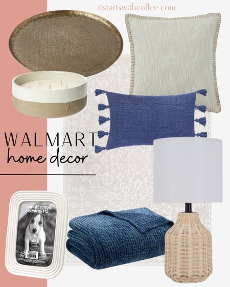 Walmart home decor includes gold decorative tray, candle, throw pillow, lumbar pillow, rattan table lamp, blue throw pillow, picture frame, and neutral area rug.

Home decor, neutral home, home accents, Walmart finds

#LTKhome #LTKstyletip #LTKunder100