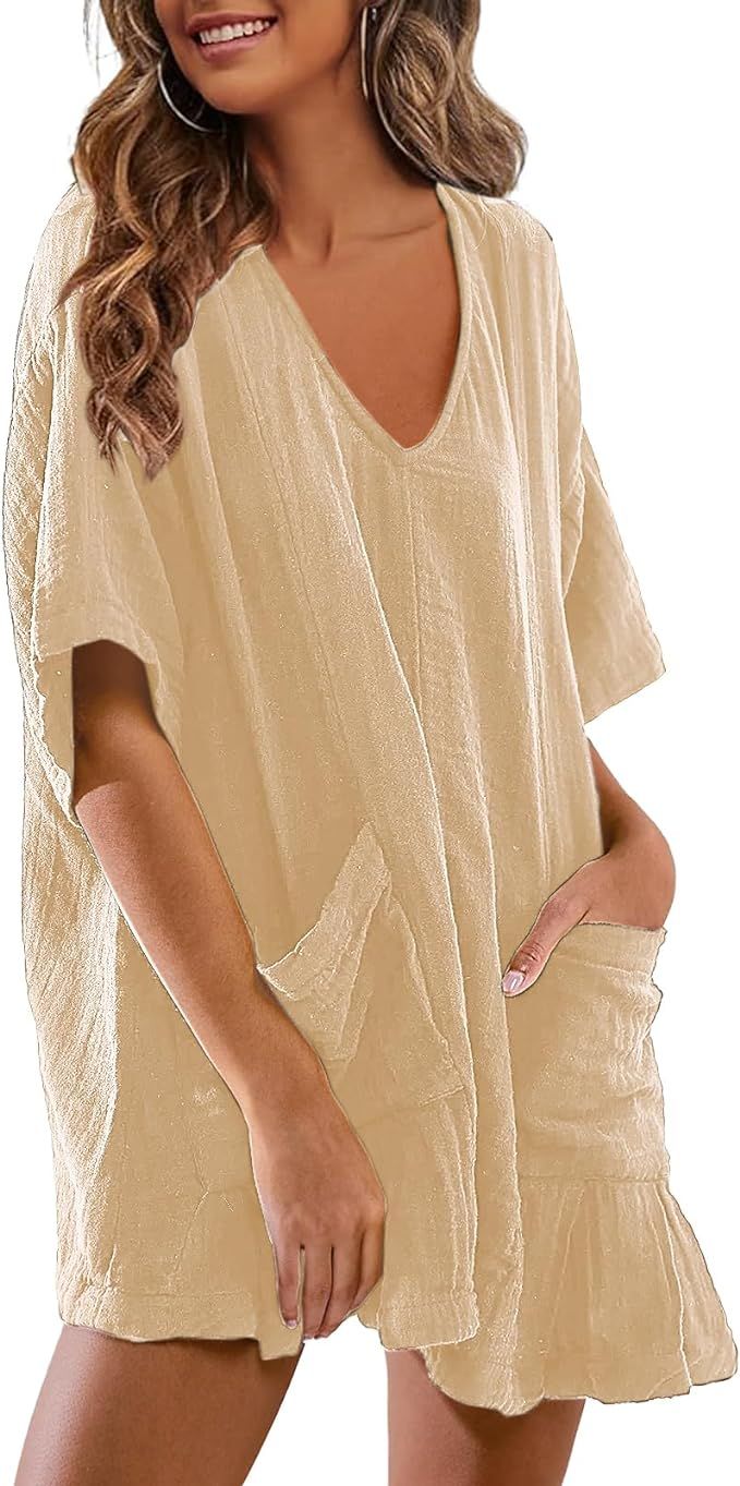 Womens Oversized Summer Tee Romper V Neck Half Sleeve Onesie Romper Beachwear Overalls With Pocke... | Amazon (US)