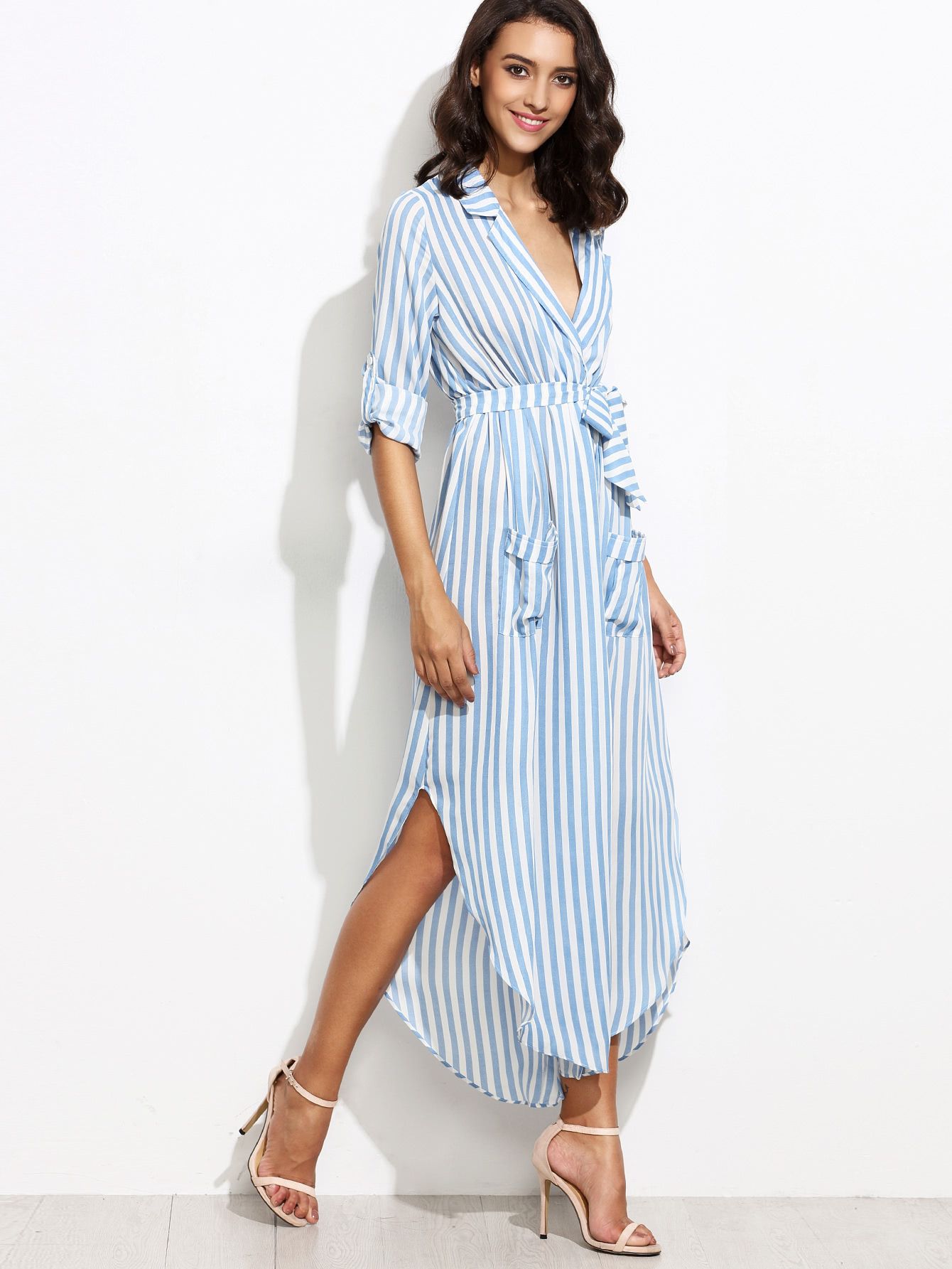 Contrast Vertical Striped Self Tie Shirt Dress | SHEIN