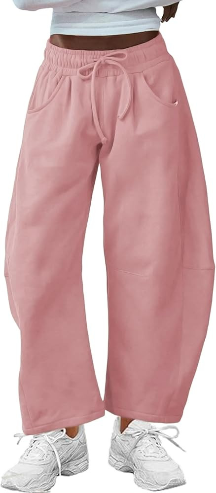Hongsui Women's Barrel Leg Pants Elasticated Waistband Soft Wide Leg Pants with Pockets Casual Sw... | Amazon (US)