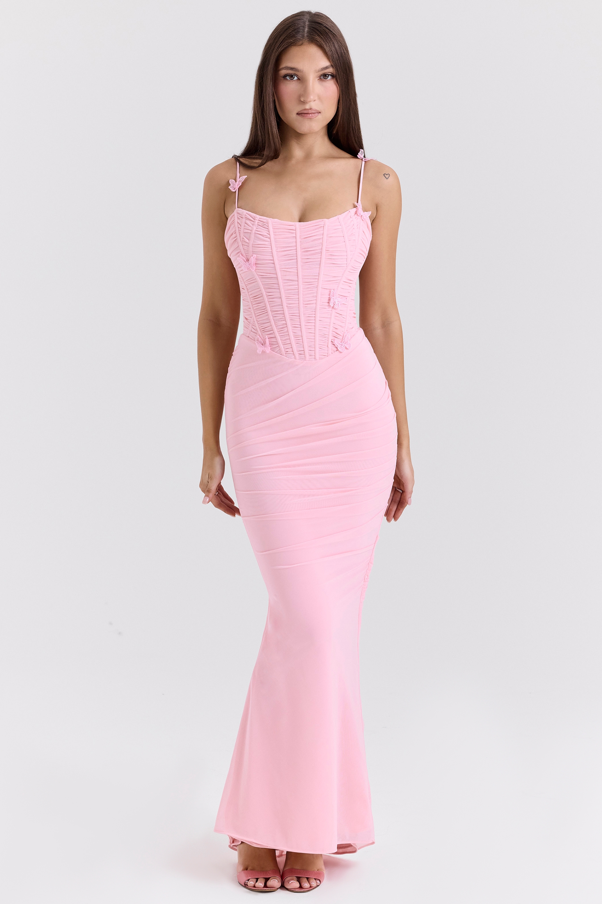pink stretch mesh butterfly maxi dress | House of CB
