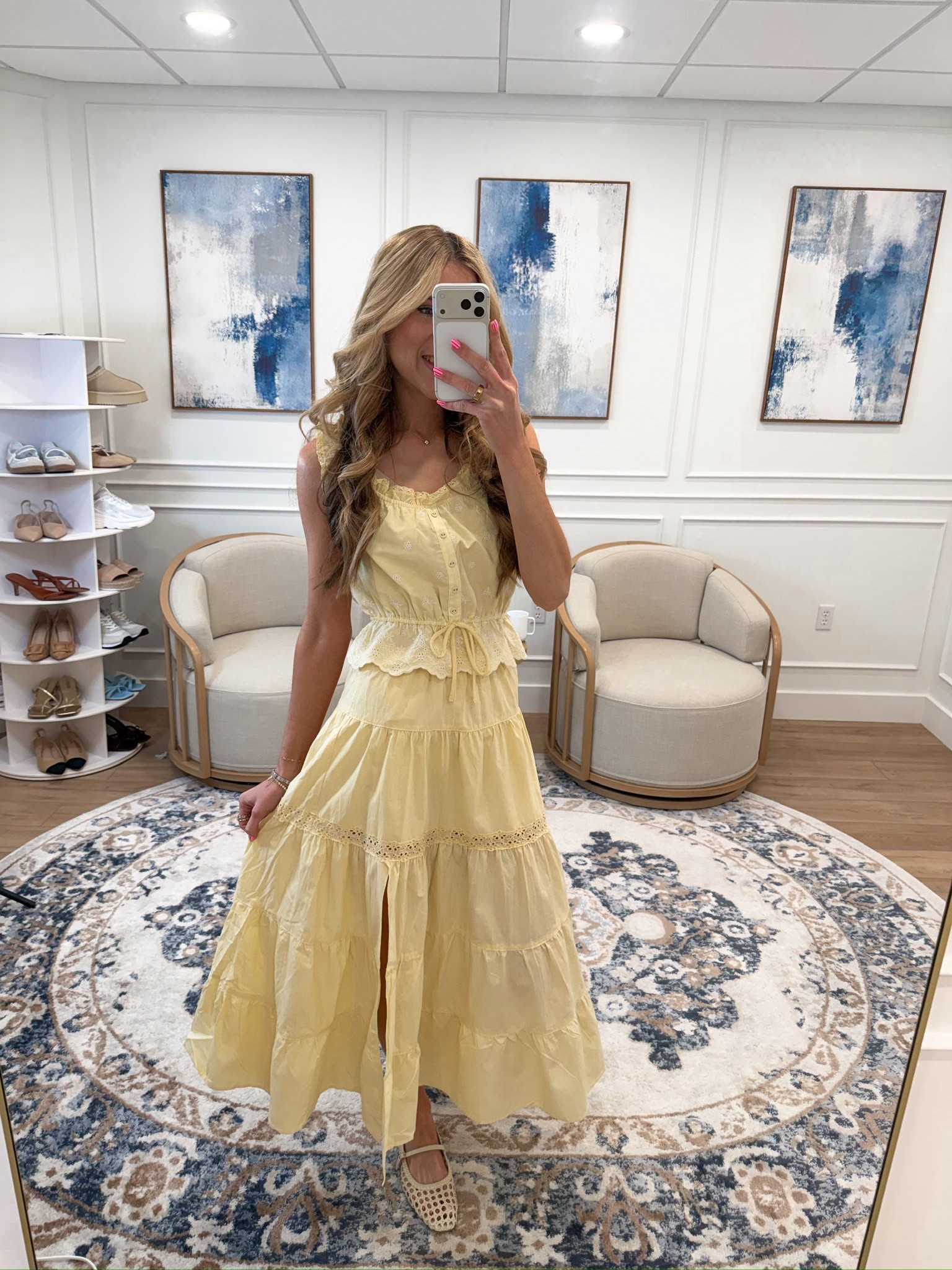 @Target  finds that are so good right now and this butter yellow eyelet tiered maxi dress is the most beautiful summer dress I have seen all season 🤍✨ The softest butter yellow cotton, ruffle flutter straps, a button front bodice with lace trim detail, a drawstring waist, and the most stunning tiered maxi skirt with eyelet lace trim — it looks so Free People and so boutique and it is from Target. Woven Mary Jane flats to finish and this whole look is completely dreamy. 

#LTKMothersDay #LTKSeasonal #LTKTravel