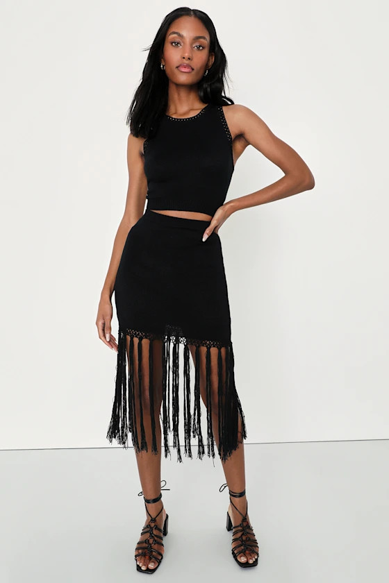 Morocco Muse Black Crochet Two-Piece Fringe Sweater Dress | Lulus