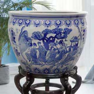 Oriental Furniture 20 in. Ladies Blue and White Porcelain Fishbowl BW-20FISH-BWLD - The Home Depo... | The Home Depot