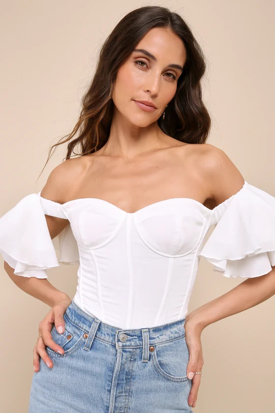 Fascinating Sweetie Ivory Ruffled Off-the-Shoulder Bodysuit | Lulus