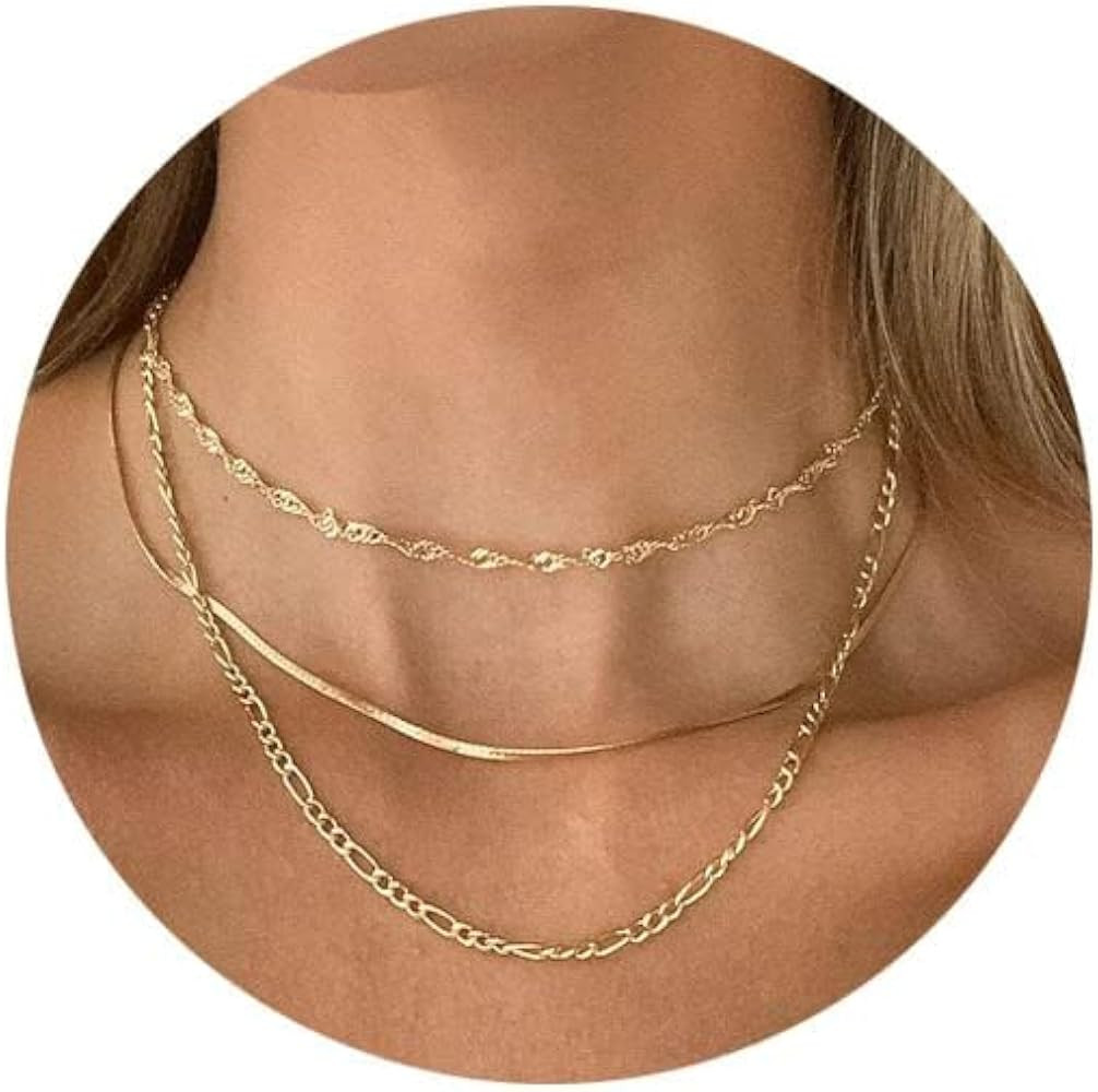 Gold Herringbone Necklace For Women,Layered Gold Necklaces,14k Gold Plated Dainty Gold Necklace S... | Amazon (US)