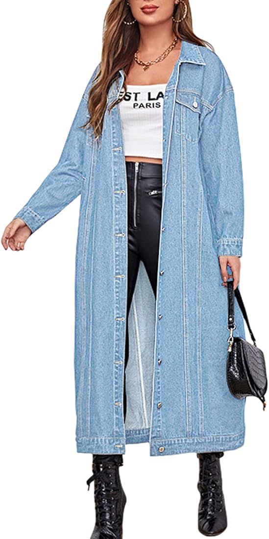 chouyatou Women's Fashion Spring Button Down Midi Long Denim Jean Jacket Trench Coat | Amazon (US)