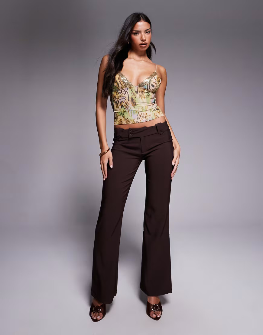 Tiger Mist Kittie low rise tailored button detail flared pants in chocolate-Brown | ASOS (Global)