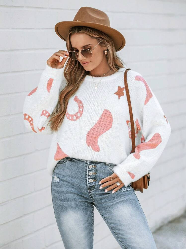 TrendsSHEIN Wildara Christmas Sweater ,Women's Casual Western Boot Pattern Sweater,Long Sleeve To... | SHEIN