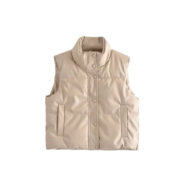 Women's Quilted Faux Leather Puffer Vest Winter Lightweight Sleeveless Warm Outerwear Puffer Vest... | Walmart (US)