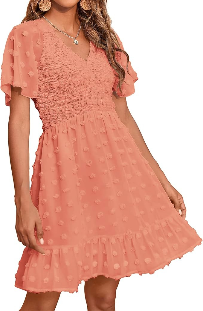 BTFBM Womens Beach Vacation Dress V Neck Short Sleeve Smocked Swiss Dot Casual Ruffle Mini Spring... | Amazon (US)