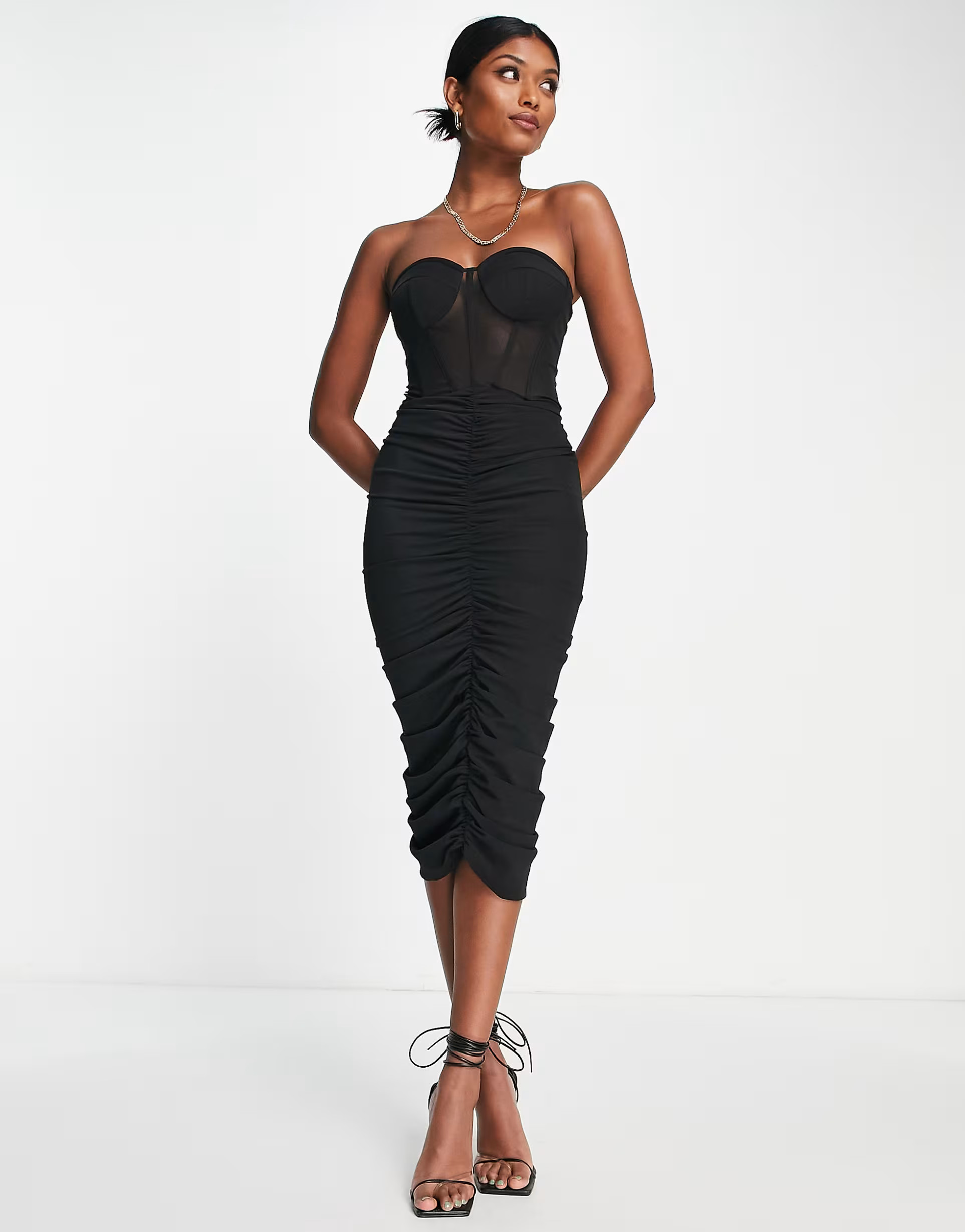 ASOS DESIGN premium mesh bandeau corset ruched midi dress in black | ASOS (Global)