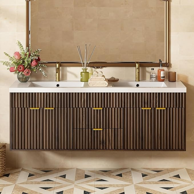 60" Fluted Bathroom Vanity with Double Sink, Large Floating Bathroom Cabinet with Soft Closing Do... | Amazon (US)