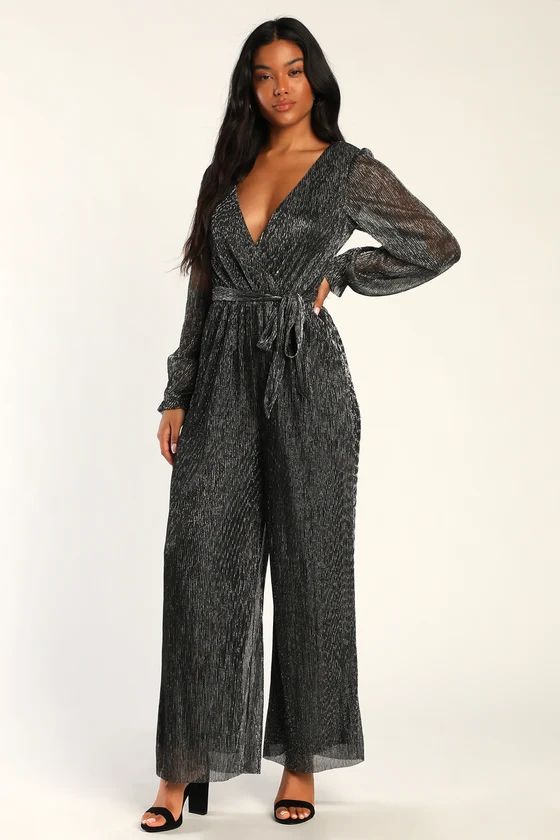 Made to Mingle Silver Metallic Long Sleeve Wide-Leg Jumpsuit | Lulus (US)