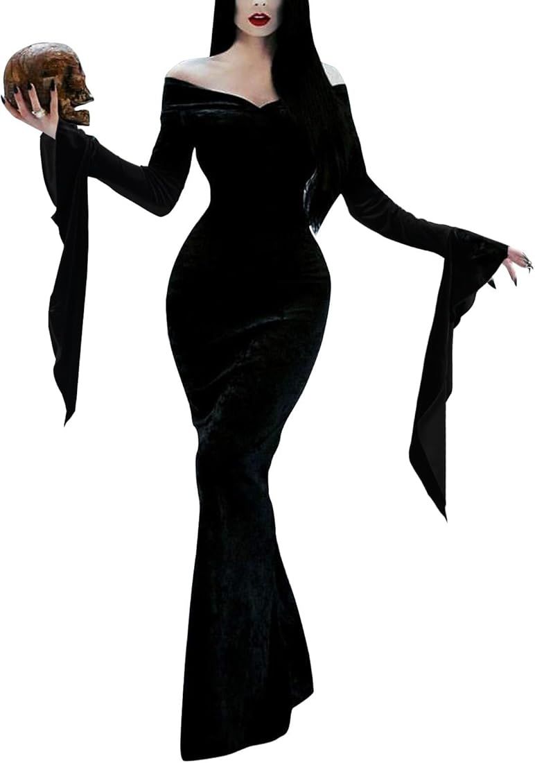 VAFADRESS Wednesday Addams Family Dress Halloween Costume Off Shoulder Long Sleeve Maxi Party Dre... | Amazon (US)