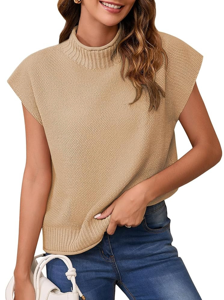 Pink Queen Women's 2025 Fall Mock Neck Sweater Vest Cap Sleeve Pullover Knit Tops | Amazon (US)