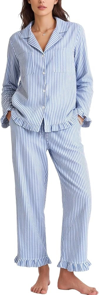 Flygo Womens Striped Pajama Sets 2 Piece Cotton Lounge Sets Button Down Top Straight Leg Pants wi... | Amazon (US)