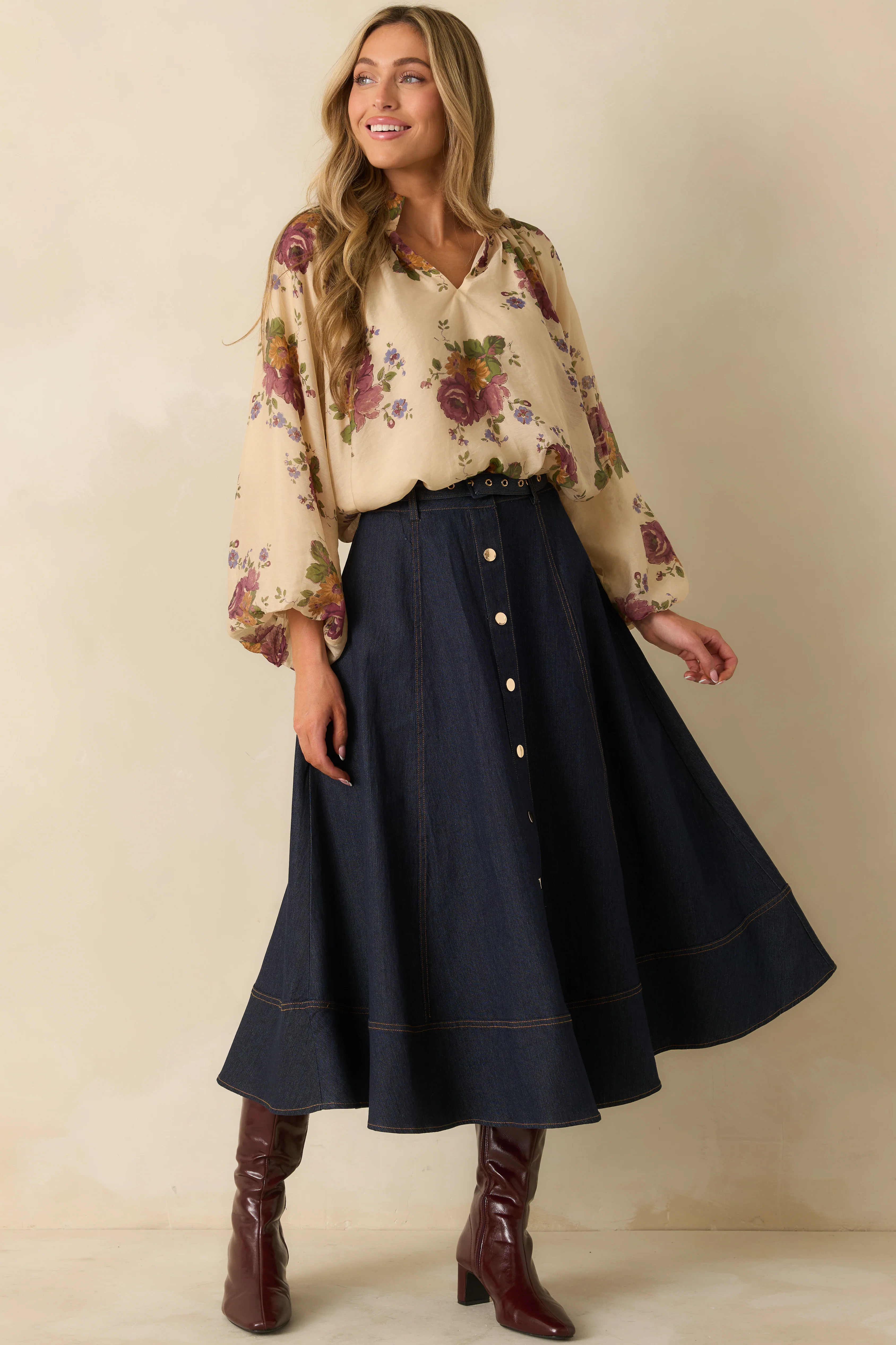 Garden Daydream Ivory Multi Floral Peasant Sleeve Blouse | Red Dress