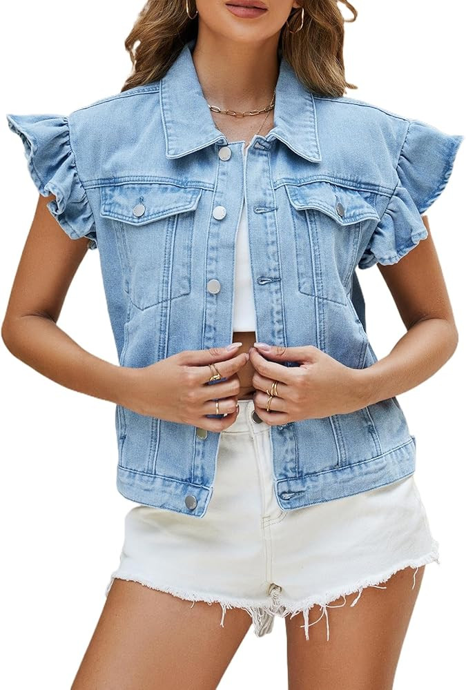 Ladyful Womens Denim Vest Top Ruffle Cap Sleeve Jean Vest Button Down Sleeveless Denim Jacket | Amazon (US)