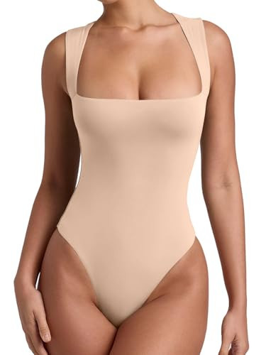 REORIA Womens Summer Sexy Sleeveless Square Neck Double Lined Going Out Cute Thong Bodysuit Tank Tops Nude Medium | Amazon (US)